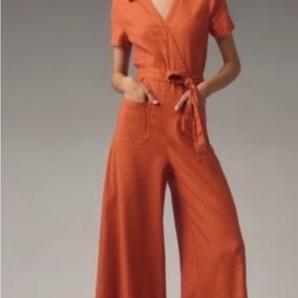 NWT Anthropologie Maeve Colette Deep V-Neck Wide Leg Jumpsuit in Burnt Orange
